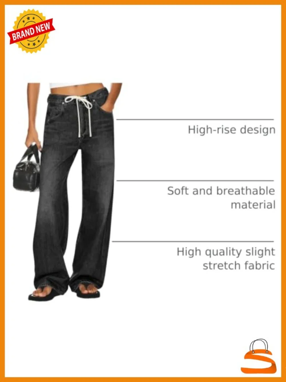 High Waisted Wide Leg Jeans with Drawstring and Pockets